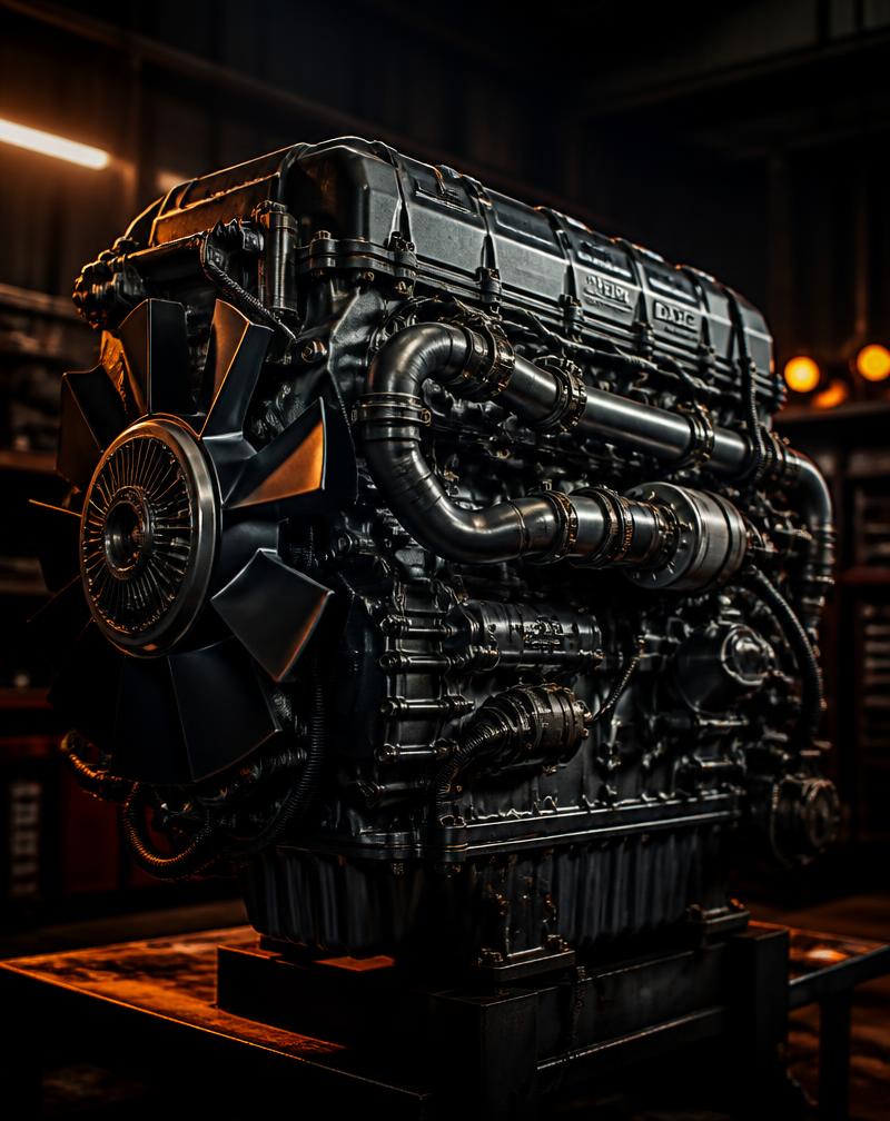 Heavy-duty commercial vehicle engine unit in an industrial workshop